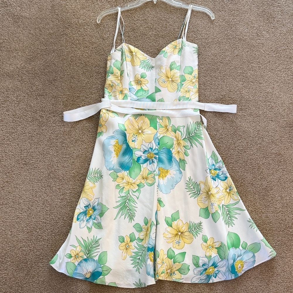 Banana Republic Factory White Floral Midi Silk Dress with Yellow & Blue Blooms 2